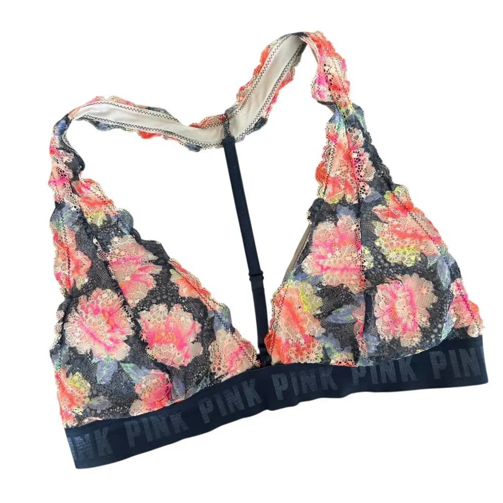 Victoria's Secret Bralette Size Large Blue Floral Lace Wireless Adjustable